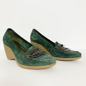 Franco Sarto Size 8.5 Green Suede Leather Fringed Wedge